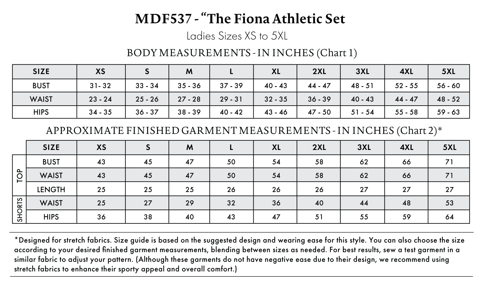 Fiona Athletic Set Free Sewing Pattern - Size Charts - Mood Fabrics Sewciety Blog - Free Sewing Pattern MDF537