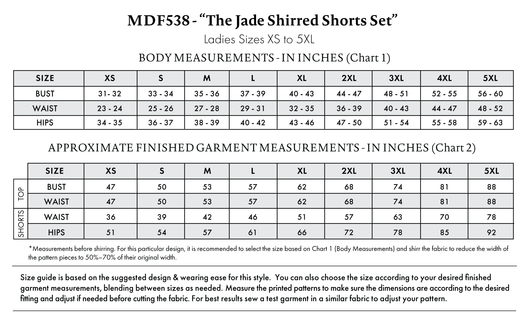 Jade Shirred Shorts Set Free Sewing Pattern - Size Charts - Mood Fabrics Sewciety Blog - Free Sewing Pattern MDF538