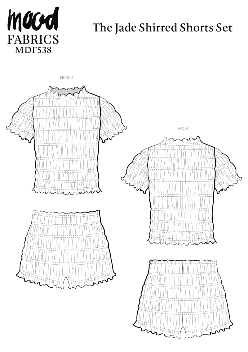 Jade Shirred Shorts Set Free Sewing Pattern - Technical Drawings - Mood Fabrics Sewciety Blog - Free Sewing Pattern MDF538