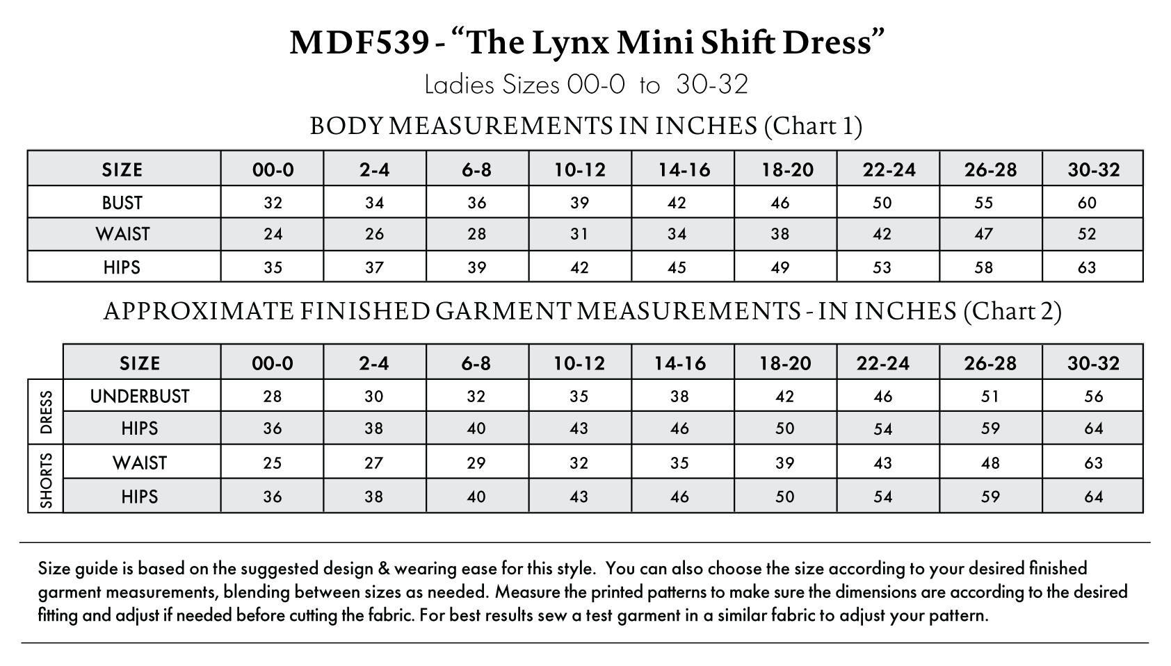 Lynx Mini Shift Dress Free Sewing Pattern - Size Charts - Mood Fabrics Sewciety Blog - Free Sewing Pattern MDF539