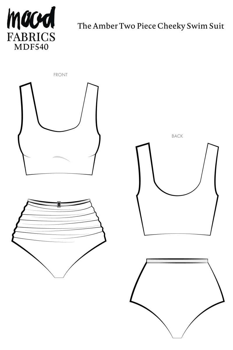 Amber Two Piece Cheeky Swim Suit Free Sewing Pattern - Technical Drawings - Mood Fabrics Sewciety Blog - Free Sewing Pattern MDF540