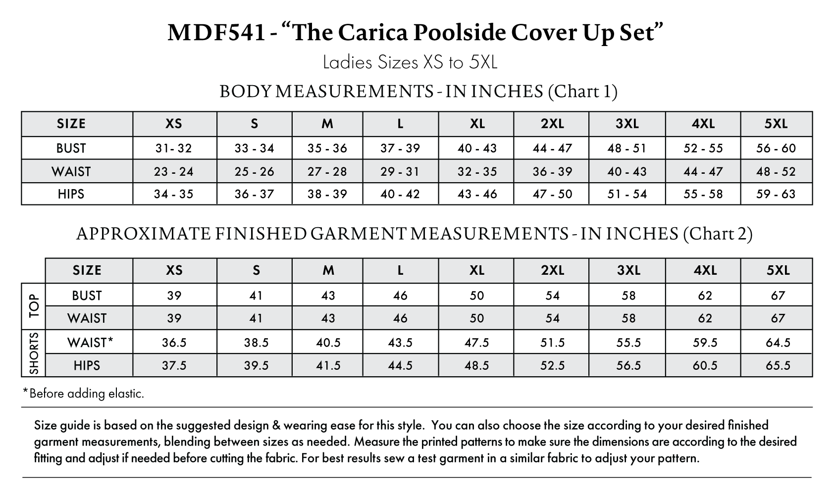 Carica Poolside Cover Up Set Free Sewing Pattern - Size Charts - Mood Fabrics Sewciety Blog - Free Sewing Pattern MDF541