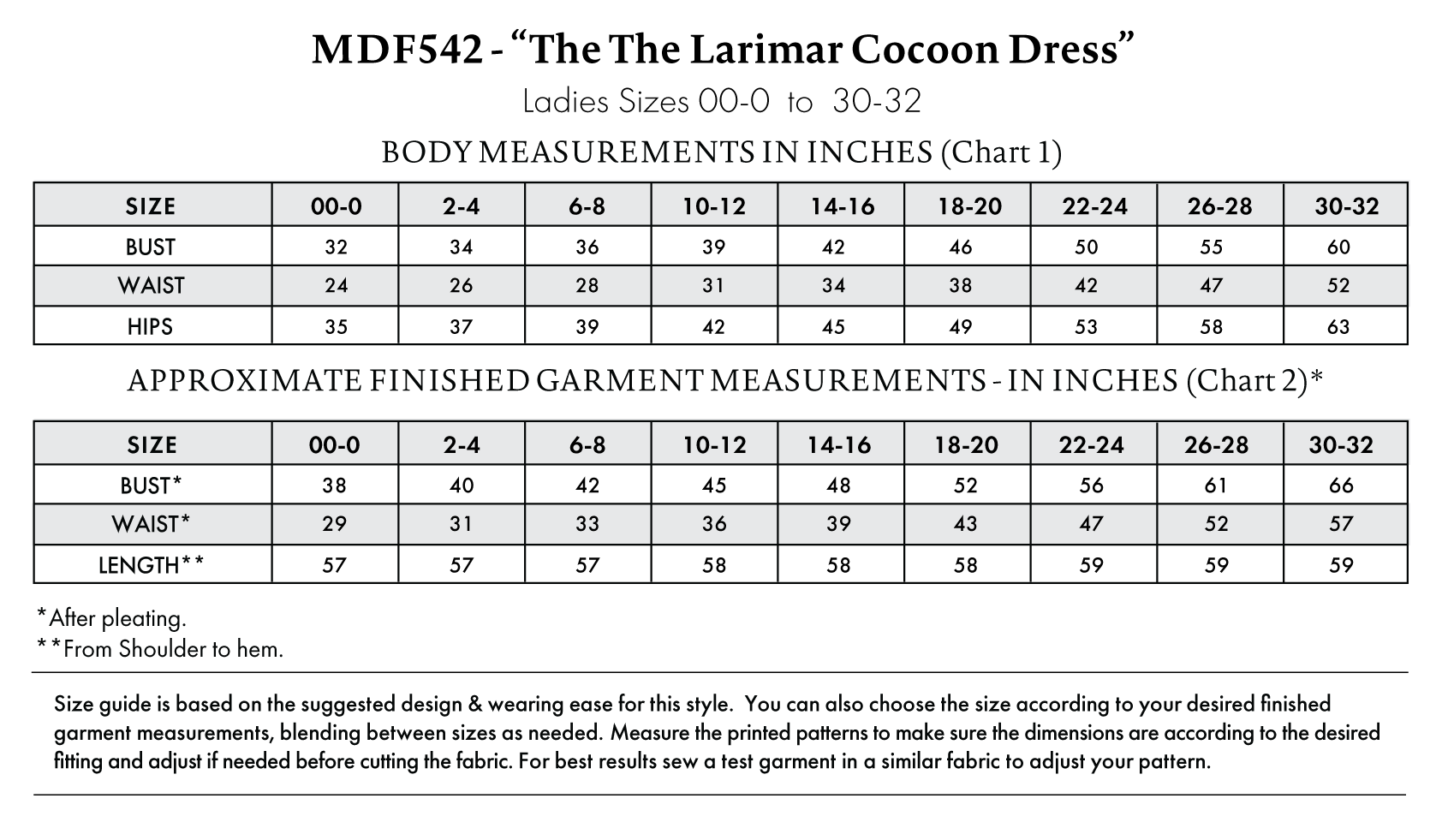 The Larimar Cocoon Dress Free Sewing Pattern - Size Charts - Mood Fabrics Sewciety Blog - Free Sewing Pattern MDF542