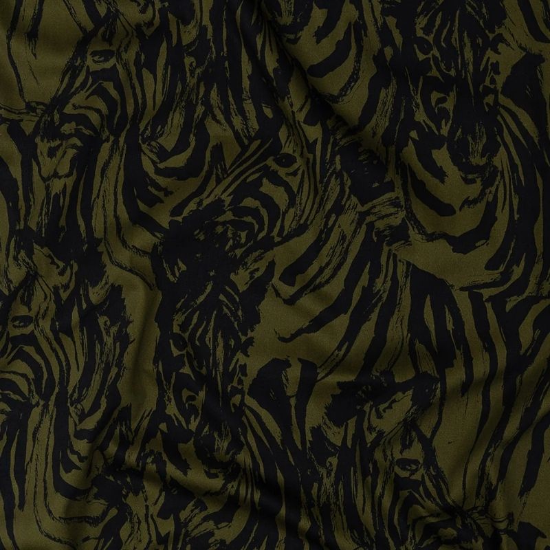 Stretch Cotton Sateen - Olive Zebras and Stripes - Marajo Print - Mood Exclusive Rio Collection fabric perfect for Free Swimsuit Sewing Projects such as the Boca Resort Dress Sewing Pattern free PDF download from Mood Fabrics Sewciety Blog.