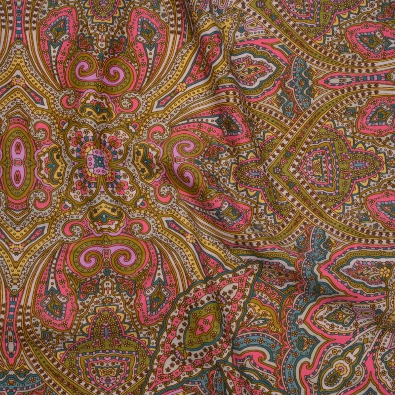 Stretch Nylon Swimwear Tricot - Pink, Olive Green and Blue Ornate Paisleys - Designer Deadstock fabric perfect for Free Swimsuit Sewing Projects such as the Sherwood Swimsuit Sewing Pattern free PDF download from Mood Fabrics Sewciety Blog.