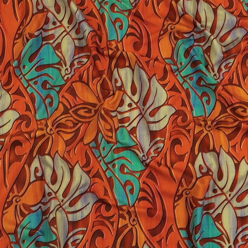 Orange and Turquoise Art Nouveau Leaves UV Protective Compression Swimwear Tricot with Aloe Vera Microcapsules fabric perfect for Free Swimsuit Sewing Projects such as the Marlowe Swimsuit Corella Beach Cover Up Sewing Pattern free PDF download from Mood Fabrics Sewciety Blog.