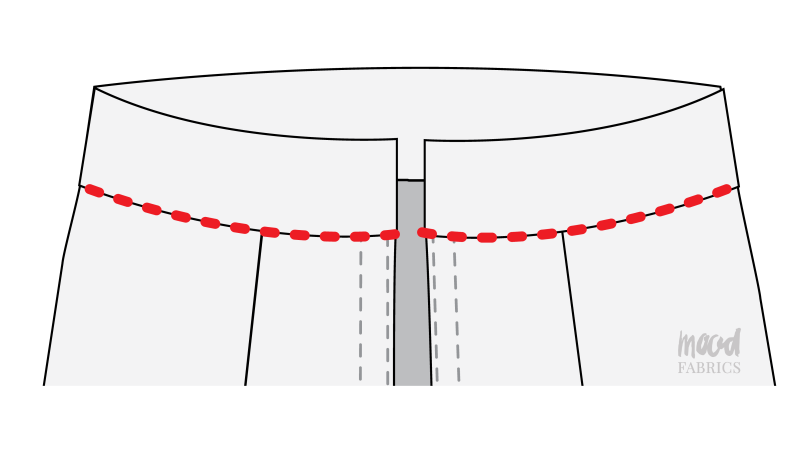 How To Sew Inner Waistband Skirt Waistline - Organic Cotton Twill - Mood Fabrics - Kalla Ensemble Free Sewing Pattern Tutorial - MDF346 - Mood Fabrics Sewciety Blog - Sew a stitch in the ditch to attach the inner waistband to the waistline.