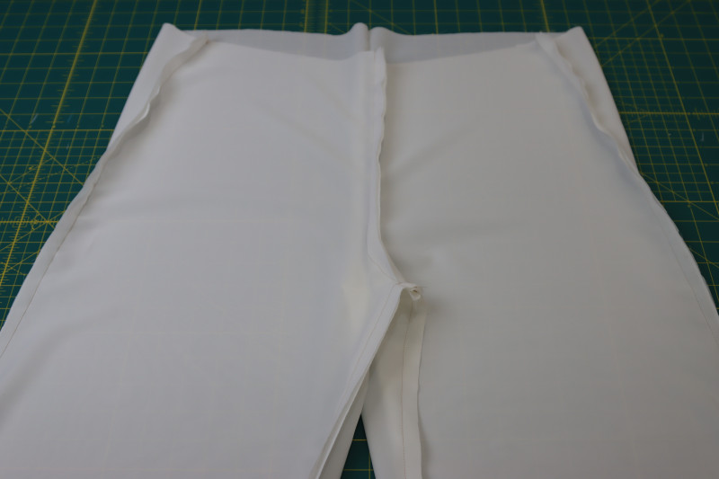 How To Pin Sew Outer Pants Side Seams Inseam - White Polyester Double Georgette - Mood Fabrics - Ojai Reversive Wide Leg Pants Free Sewing Pattern Tutorial - MDF545 - Mood Fabrics Sewciety Blog - Pin and sew the outer pants side seams and inseam.