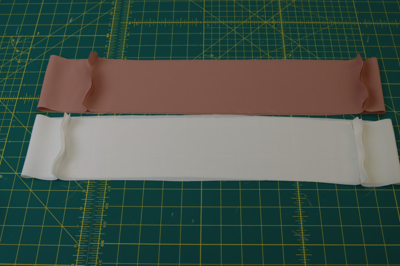 How To Pin Sew Front Back Waistband - White Polyester Double Georgette - Mood Fabrics - Ojai Reversive Wide Leg Pants Free Sewing Pattern Tutorial - MDF545 - Mood Fabrics Sewciety Blog - Pin and sew the front waistband to the back waistband.