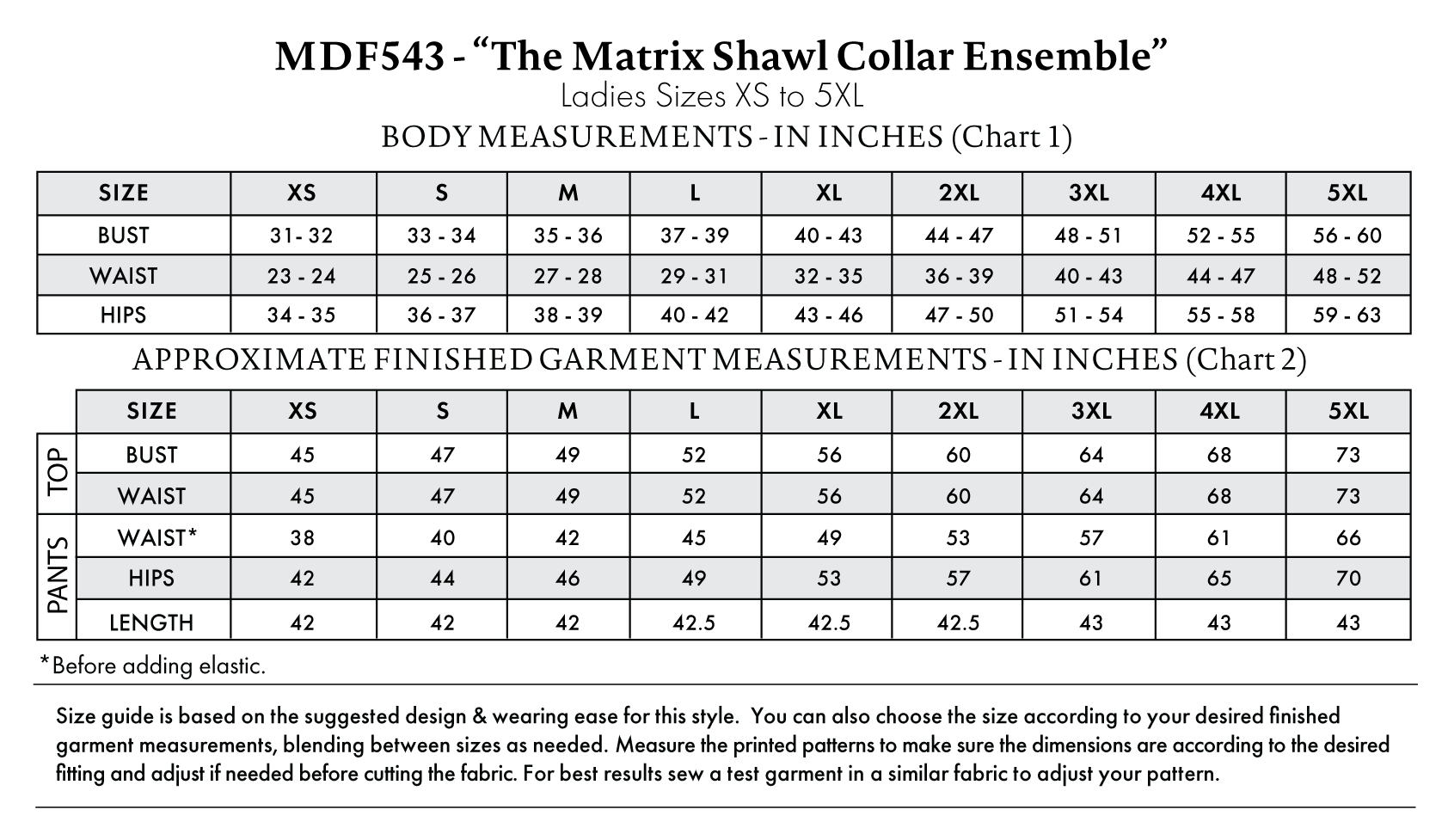 Matrix Shawl Collar Ensemble Free Sewing Pattern - Size Charts - Mood Fabrics Sewciety Blog - Free Sewing Pattern MDF543