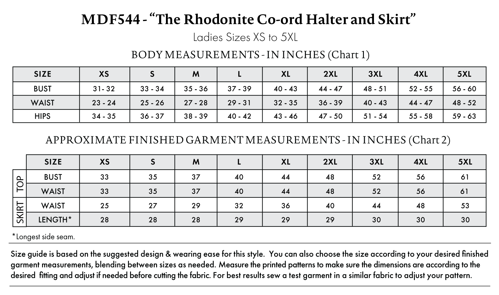 Rhodonite Co-ord Halter and Skirt Free Sewing Pattern - Size Charts - Mood Fabrics Sewciety Blog - Free Sewing Pattern MDF544