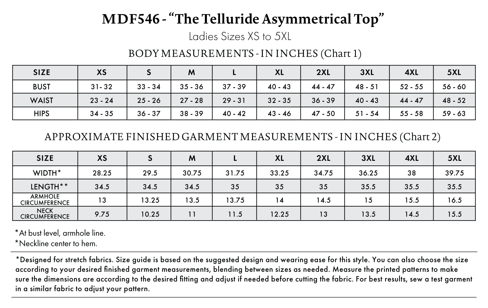 Telluride Asymmetrical Top Free Sewing Pattern - Size Charts - Mood Fabrics Sewciety Blog - Free Sewing Pattern MDF546