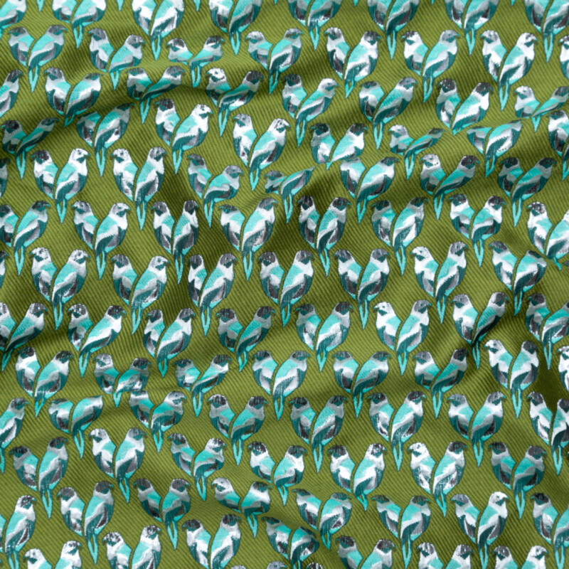 Grass Green and Jade Metallic Bird Jacquard