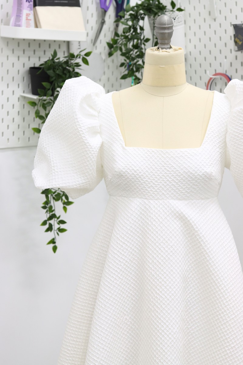 Bridal Dress created from Bridgerton Dress sewing pattern and quilted luxury brocade fabric.